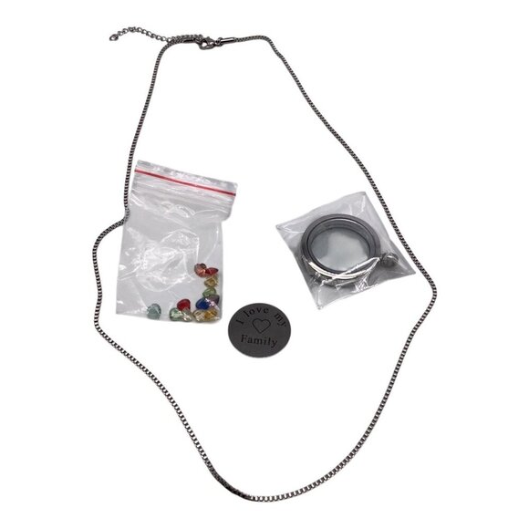 I Love My Family Locket Necklace Chain With Charms Set 21in Sliver Tone - Picture 9 of 10